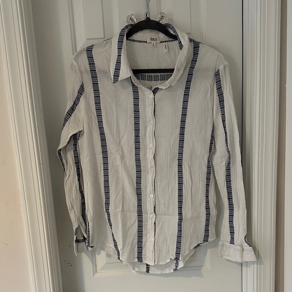 BKE White Button-Down Shirt with Navy Vertical Stripes